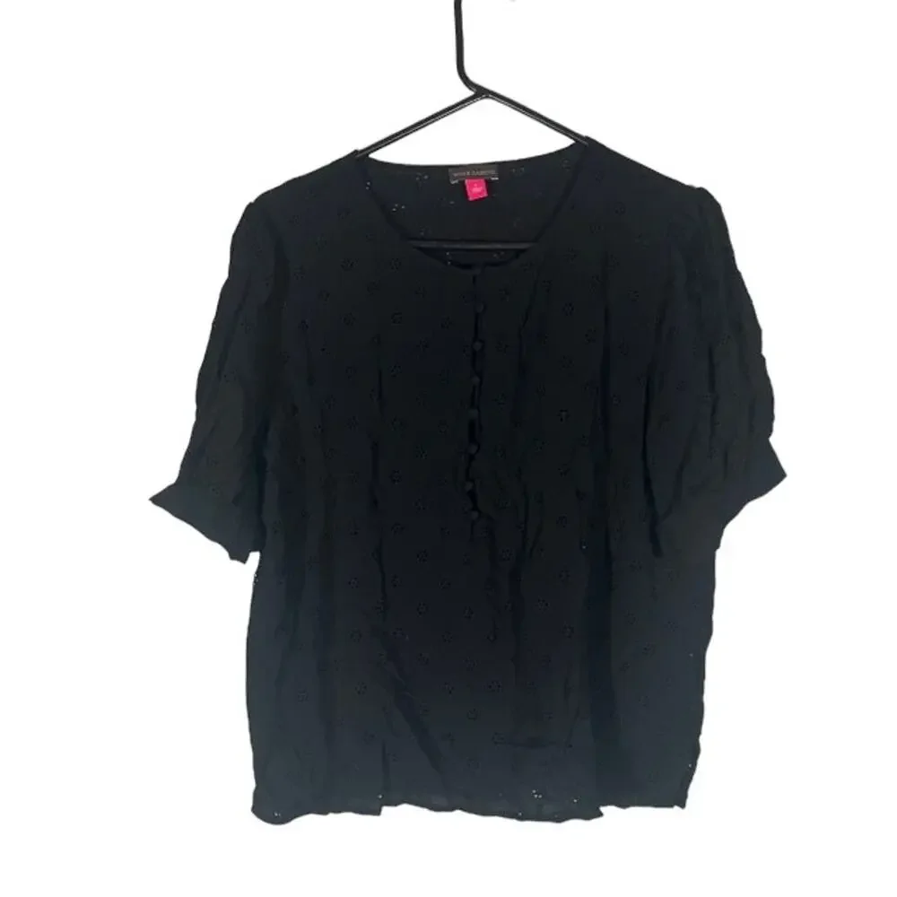 Vince Camuto Black Floral Embroidered Half Button Front Blouse Women Sz L - Picture 1 of 9